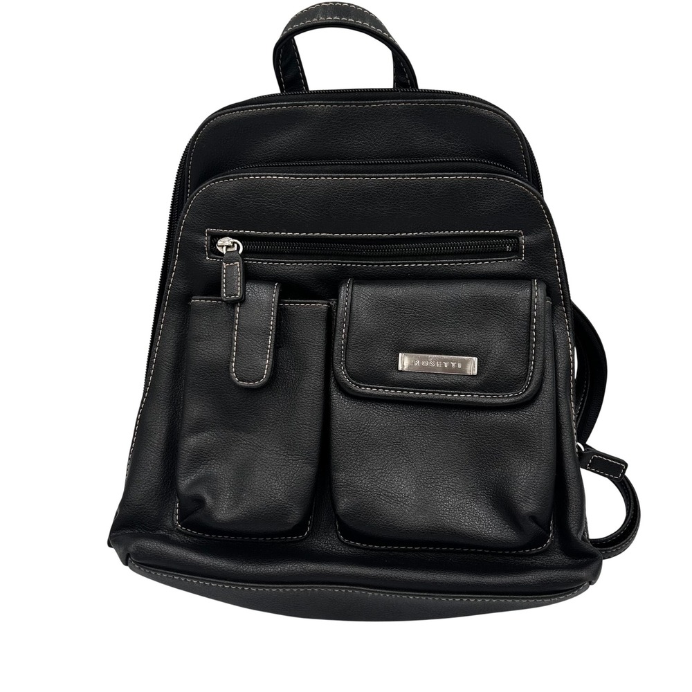 Rosetti Women's Black Leather Backpack Multi Pocket Contrast Stitch Bag Gorpcore